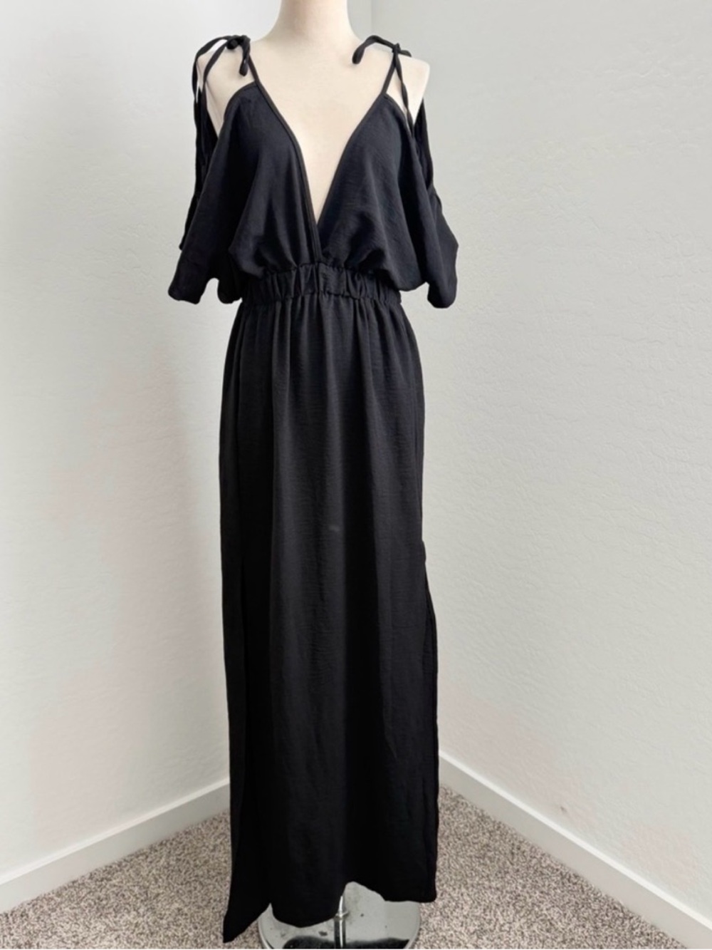 Black Maxi Dress with Tie Straps and Elastic Waist